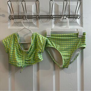 Old Navy Kids High Waist Bathing Suit Swim Green Gingham Ruched Size M (8)